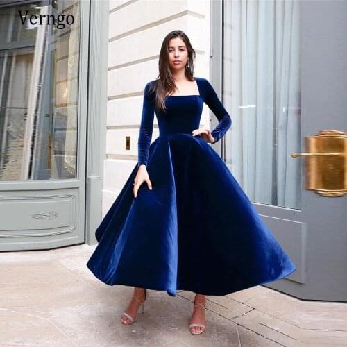 Verngo 2021 Simple Royal Blue Velour Evening Dresses Long Sleeves Strapless Fluffy Open Skirt Ankle Length Prom Party Gowns