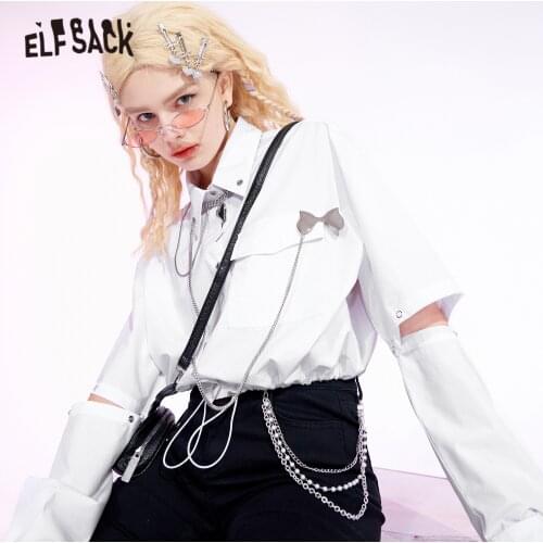 ELFSACK Solid Pure Chic Applique Single Breasted Casual Shirt Women,2021 Summer Vintage Full Sleeve Korean Ladies Daily Top