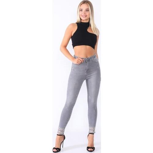 Women, Jeans, High Waist, Lycra, Embroidered, Sequined, Slim Fit, Flexible, Grey, Solid Color, Full Length, Cotton Denim Trouser