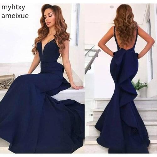 2020 Cheap Navy Blue Sexy Long Prom Dress Mermaid Backless Sleeveless Back Formal Evening Party Gown Custom Made Plus Size Prom