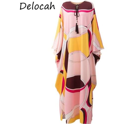 Delocah New 2021 Summer Women Fashion Runway Loose Maxi Dress Batwing Sleeve Bow Loose Geometric Printed Long Dresses Vestidos