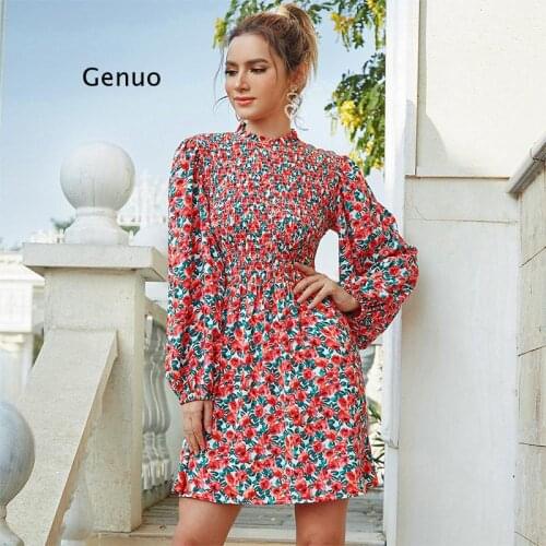 Womens Autumn New Floral Long-Sleeved Dress Chiffon High Collar Bubble Sleeve Sweet Waist Slimming Skirt