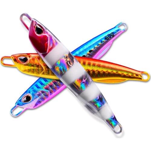 1pcs Metal Flat Fall Slow Jigging Fishing Lures 30G-40G-50G-60G Casting Lure Deep Sea Jig Fishing Tackle With Feather Hook