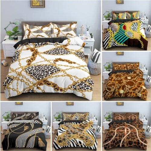 Fashion Leopard Gold Chains Duvet Cover Set Soft Luxury Bedding Set Animal Skin Pattern Bedclothes King Queen Double Twin 2/3Pcs