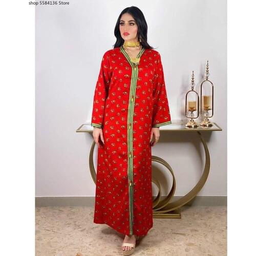 Middle East Abaya Long Dresses Floral Printed Long Sleeve Ribbon V Neck Loose Jalabiya Muslim Women Islamic Turkey Arabic Robe