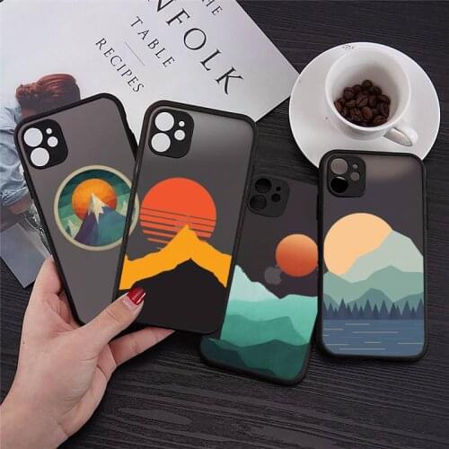 Phone Case For iPhone 12 11 Mini Pro XR XS Max 7 8 Plus X Art painting Mountain sun print Matte transparent cover
