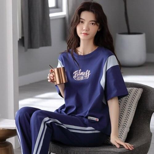Women Lounge Sportswear Pajamas Sets 2PCS Stripe Student Pyjamas Cotton Sleep Suit M-XXL T-Shirt&Pant Nightwear Home Sleepwear