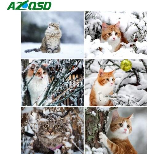 AZQSD Diamond Painting Cat Snow Winter Cross Stitch Kits Rhinestones Full Drill Diamond Art Embroidery Animal Mosaic Home Decor