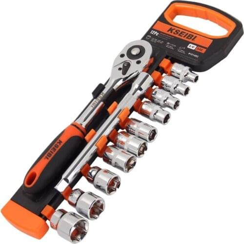 KSEIBI 101493 Socket Set of 12pcs 3/8 inch with Ratchet Handle Wrench Repair Hand Tools Kit SAE Set