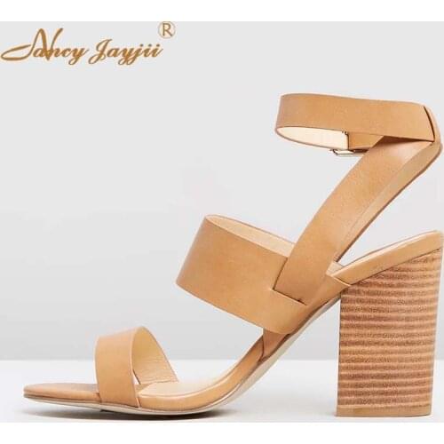 Nancyjayjii Fashion Women Summer 2019 Tan Black Block High Square Heels Sandals Lady Slender Ankle Strap Slingback Dress Shoes