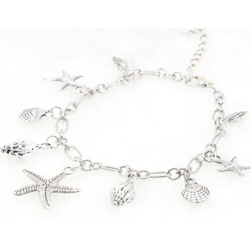 New Fashion Tibetan Silver Bracelet Anklet Star Shell Simple Korean Style Adjustable Bracelet Girl Christmas Gift 7.5inch M376