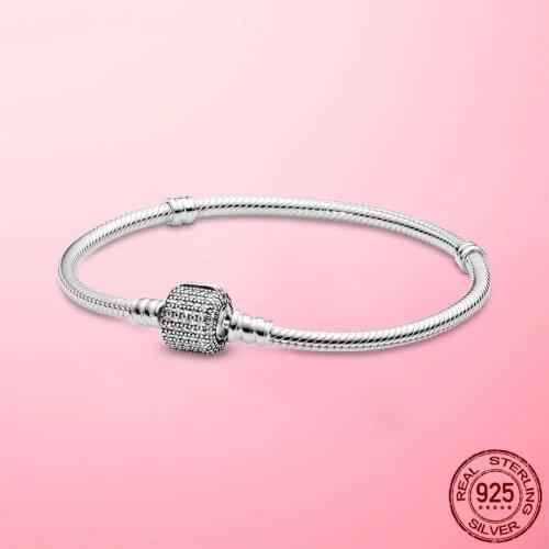 New Original 925 Sterling Silver Classic Sparkling Pave Clasp Zircon Snake Chain Bracelet Fit DIY fine Charm Beads Jewelry Gifts