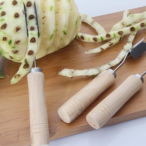 OLOEY Pineapple Knife Stainless Steel V-Shape Eyes Remover Pineapples Shovel Kitchen Fruit Knife Wooden Handle Pineapple Peeler