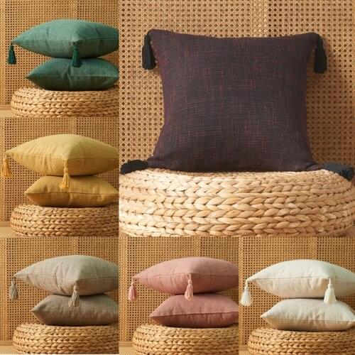 Solid Color Cotton Linen Tassel Cushion Pillow Cover Handmade Throw Pillow Cover