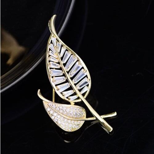 OKILY Elegant Cubic Zircon Leaves Brooch Pin for Womens Jewelry Hollow Leaf CZ Brooches Pins Coat Accessories New Year Gift