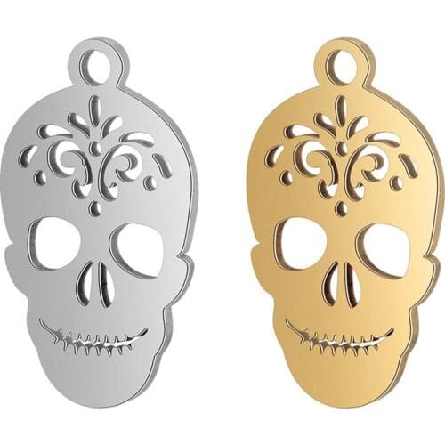 10Pcs/lot Sliver Gold Stainless Steel Skull Pendant Charms with Hook for DIY Necklace Findings Crafts Halloween Jewelry Making