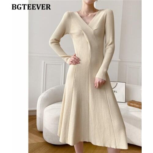 BGTEEVER Casual V-neck A-line Women Dress Full Sleeve Cross Female Knitted Dress 2021 Autumn Winter Sweater Dresses for Women