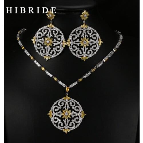 HIBRIDE Luxury Style Round Flower Shape Colorful Swiss CZ Pendants Bridal Women Wedding Jewelry Sets N-65