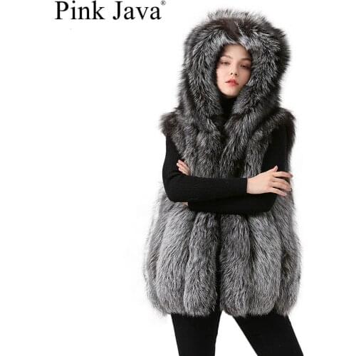 Pink java QC19078 new arrival hot sale women winter real fox fur vest fur hood gilet sliver fox fur coat fluffy fur jacket