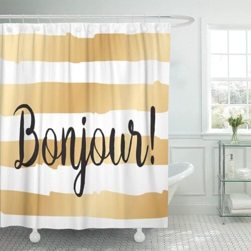 Script Bonjour Hello Inscription Lettering Overlay Text Black Brush Shower Curtain Waterproof Polyester Fabric 72 x 72 Inches