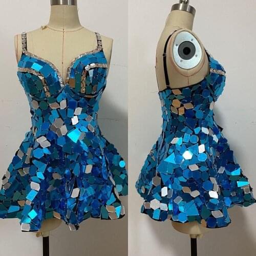 Silver Sparkly mirror dress women singer stage dance wear party girl sexy outfit