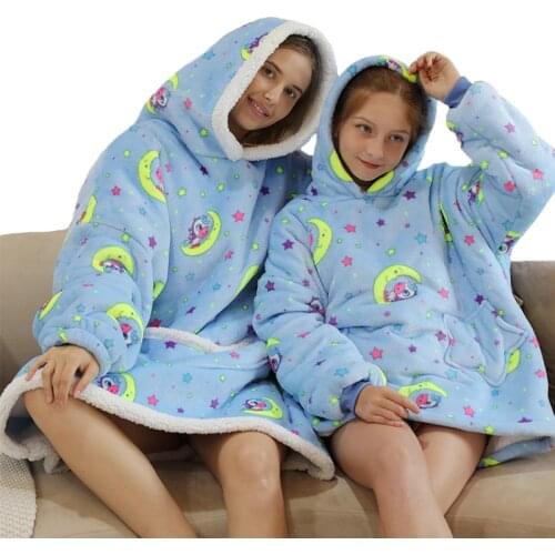 Sherpa Blanket Homewear Women Hoodie Wearable Oversized TV Blanket Fleece Warm Thick Kids Sleepwear Cartoon Printed Sweatshirt