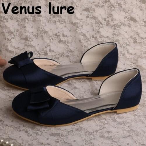Handmade Closed Toe Wedding Shoes for Bride Flat Navy Round Toe Flats Handmade