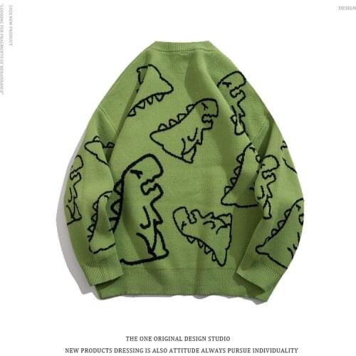 Dinosaur Print Sweater Men Cartoon Knitted Hip Hop Streetwear Pullover Casual Harajuku Japanese Sweaters Couple winter Autumn