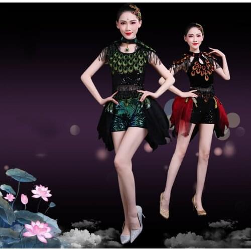 Modern Jazz Dance Costumes For Women Adult Shiny Sequin Peacock Print Clothes Nightclub Gogo Dancer Festival Clothing DWY6047