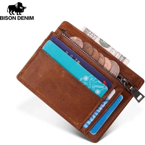 BISON DENIM Slim RFID Blocking Genuine Leather Card Wallet Credit ID Card Holder Purse Money Case Men Porte Carte QB001-K056
