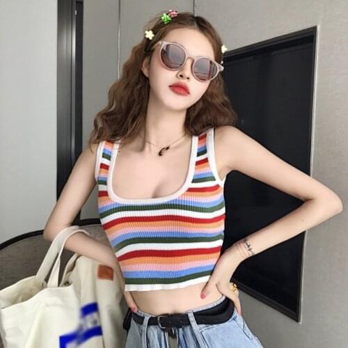 Summer Female KnittingCamisole exy Crop Top Rainbow Striped Short Camisole Femme Camis Women Spaghetti Tank Tops Clothes