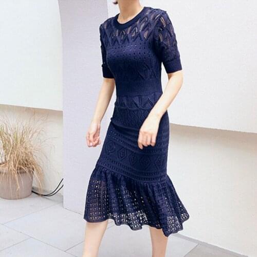 ZAWFL Elegant Woman Hollow-out Knit Dress Round Collar Slim Short Sleeve Crotchet Trumpet Vestidos + Sling Dress 2pcs Set