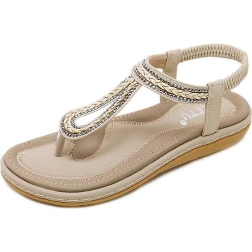 Women Sandals Bohemia Ethnic String Bead Beach Shoes Casual Decoration Flip Flops Thong Flat Heels Plus Size 35-42