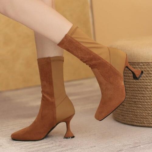 2021 Fashion Stretch Boots Seude Women Boots Spring Autumn Wine Glass High Heel Ankle Boots Slip On Bootied Woman Shoes