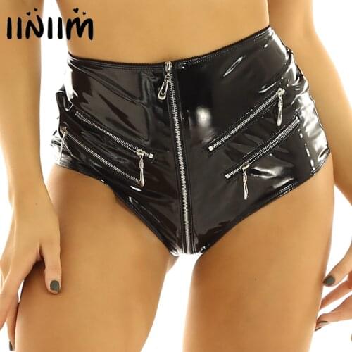Womens Wetlook Summer Sexy Pole Dance Shorts Leather High-Waisted Front Zip Up Booty Shorts Hot Pants Latex Partties Clubwear