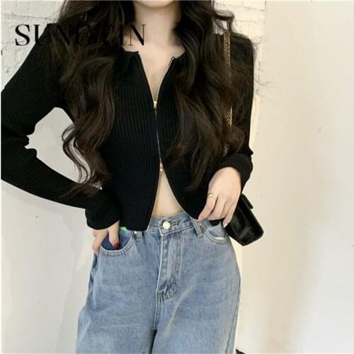 Sungtin High Quality 2021 Women Zip Up Knitted Rib Polo Neck T Short Sleeve Summer Sexy Female Double Zipper Sweater Sexy 2021