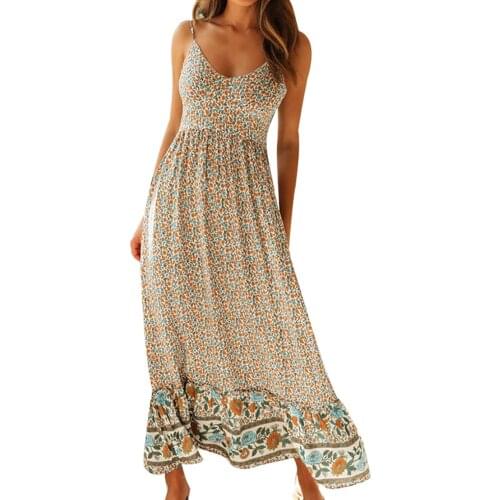 Summer European and American Womens Fashion Sexy Bohemian V-neck Printing Sling Floral Long Dress