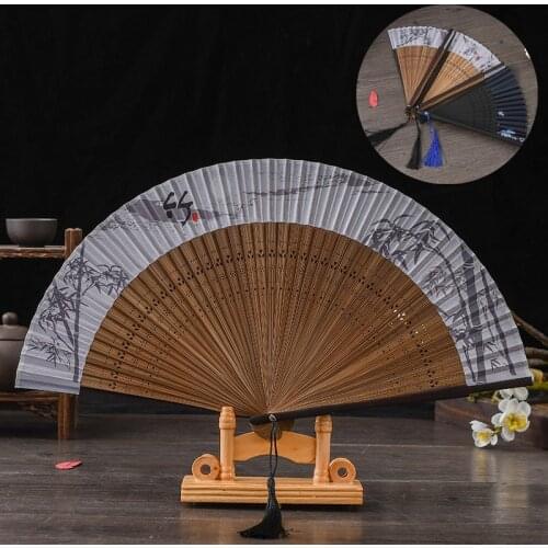 Chinese Style Carved Bamboo Craft Fan Ancient Boutique Folding Silk Cloth Hand Fans Handmade Gift Home Decoration