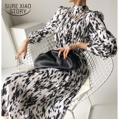 2021 Loose Korean Vintage Long Dress Sashes Puff Sleeve Stand Collar Party Dress Printed Pleated Chiffon Dresses for Women 13715