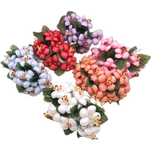 6pcs/lot Mini Silk Artificial Rose Flowers Bouquet Scrapbooking Fake Flower Stamen Wedding Party Decoration DIY Handmade