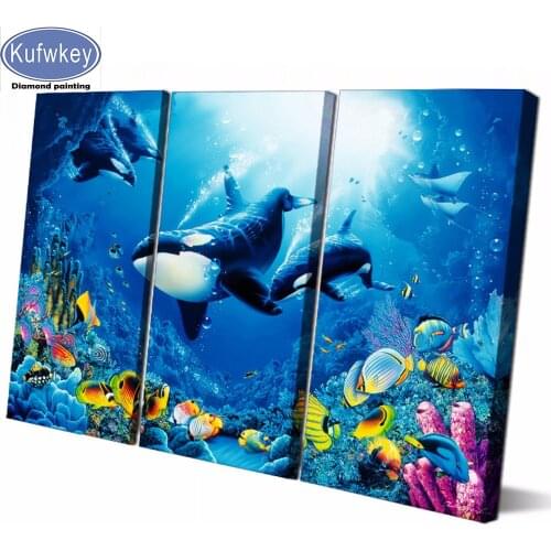 5D DIY Full Square Round Drill Diamond Painting"dolphin"Embroidery landscape Cross Stitch Mosaic 3pcs Home Decoration