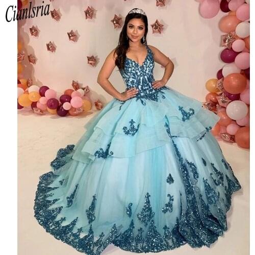 V-Neck Quinceanera Dresses Tiered Ruffles Appliques Sequined Beading Princess Party Prom Sweet 15 Pageant Ball Gown Sleeveless