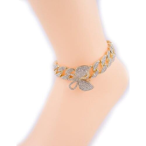 Butterfly anklets iced out charm pendant hip hop miami cuban link chain feet leg girls' jewelry rose gold silver color rap punk