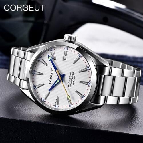 CORGEUT Men Watch Stainless Steel Mechanical Citizen Movement Luminous Watch Waterproof Automatic Date Sports Watch Мужские часы