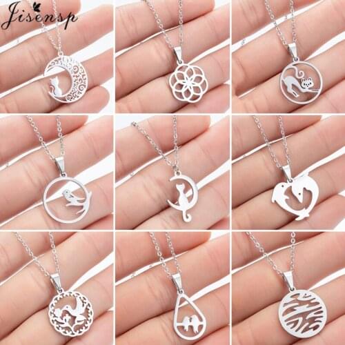 Jisensp Bohemian Cute Moon Cat Choker Necklaces for Women Minimalist Birds Dolphins Round Pendant Necklace Jewelry Female Gifts