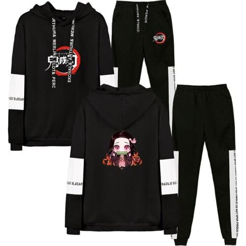 Demon Slayer fleece Hoodie Pants Set Kimetsu no Yaiba plus size Pullover Sweatpants anime hooded sweatshirt Sportswear Tracksuit