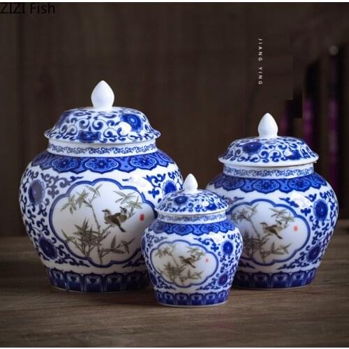 Ceramic Chinese Blue and White Porcelain Tea Pot Simple Storage Tank with Lid Underglaze General Tank Sealed Can Home Decoration
