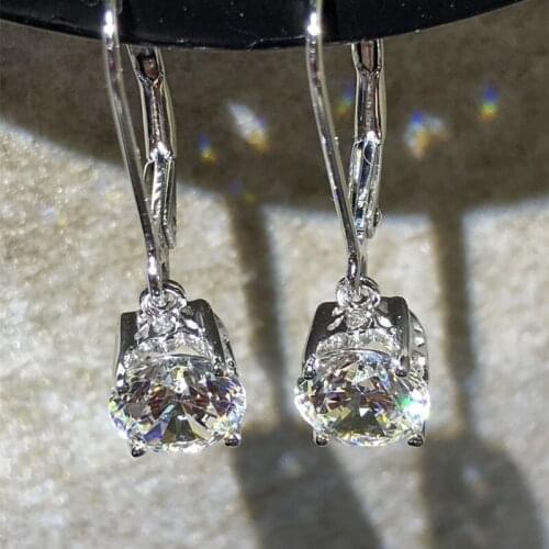 Classic Silver Plated Princess Earrings Round Cut White Zircon Dangle Earring Bridal Wedding Drop Earring Cocktail Party Jewelry