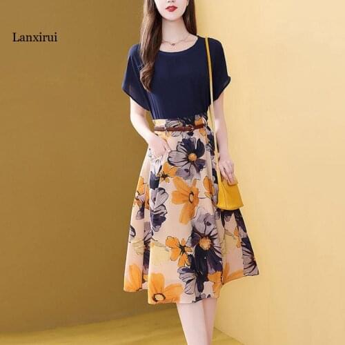 Summer New Retro Elegant 2 Piece Set Women T-shirt Top + A-Line Floral Skirts Suit Two Piece Sets Office Lady Clothing