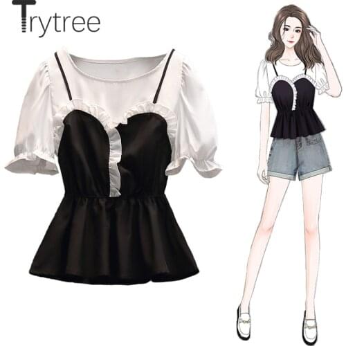 Trytree 2021 Summer Women Blouse Casual Fake two Pieces O-Neck Shirts Puff Sleeve Elastic Waist Office Lady Ruffled Hem Tops